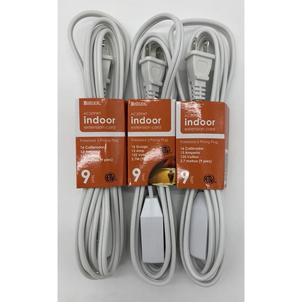 Tuxtronic Indoor Extension Cord 3-Pack‎ (9ft, 16 Gauge, 2-Prong Polarized) White